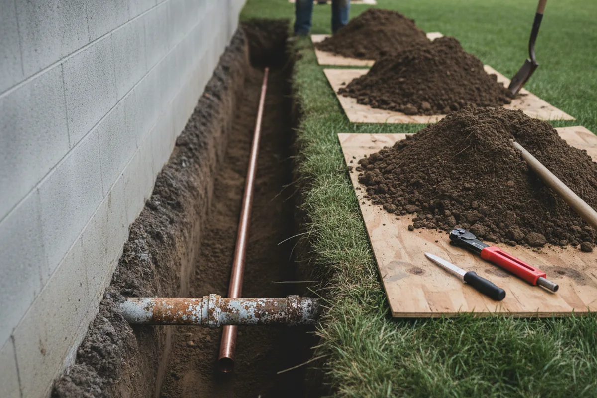 Excavated water line trench during Water Heater Repair in Edgemoor